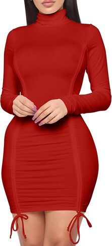 BORIFLORS Women's Turtleneck Long Sleeve Mini Dress Sexy Bodycon Ruched Club Party Short Dresses in Saudi Arabia