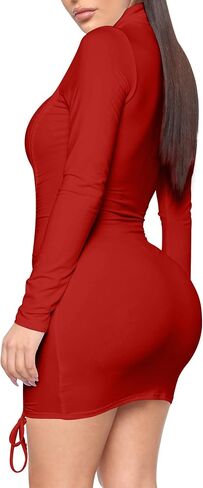 BORIFLORS Women's Turtleneck Long Sleeve Mini Dress Sexy Bodycon Ruched Club Party Short Dresses in Saudi Arabia