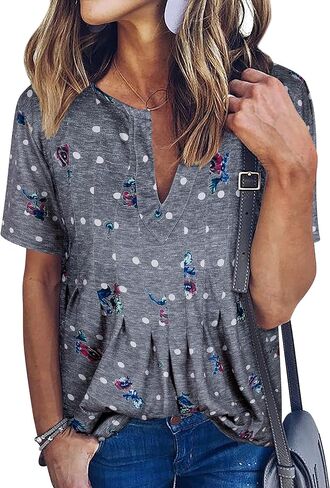 WLLW Women Bohemian Short Sleeve V Neck Floral Print T Shirt Babydoll Shirt Blouse Tunic Top in Saudi Arabia