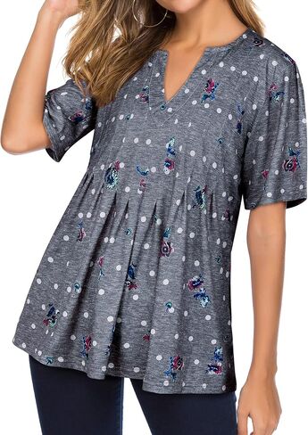 WLLW Women Bohemian Short Sleeve V Neck Floral Print T Shirt Babydoll Shirt Blouse Tunic Top in Saudi Arabia