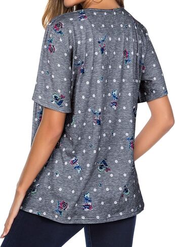 WLLW Women Bohemian Short Sleeve V Neck Floral Print T Shirt Babydoll Shirt Blouse Tunic Top in Saudi Arabia