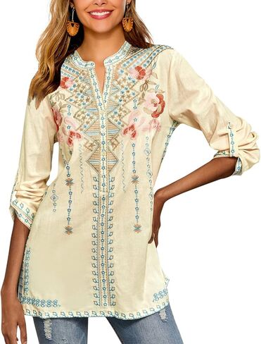 LauraKlein Mexican Shirts for Women Summer Casual Embroidered Tops Ladies Button Down Tops Peasant Tunic Loose Blouse in Kuwait