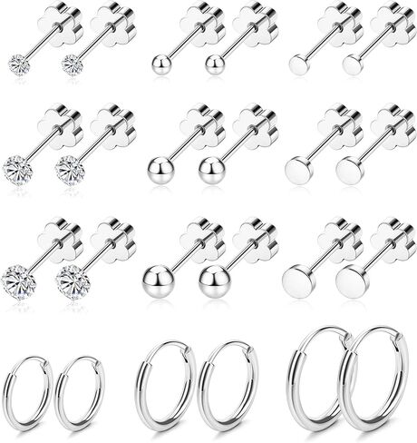 MJust Hypoallergenic Surgical Steel Earrings for Women Men Small Flat Back Earrings CZ Dot Ball 20G Simple Stud Hoop Earrings Stainless Steel Cartilage Earring Set in Saudi Arabia