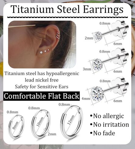 MJust Hypoallergenic Surgical Steel Earrings for Women Men Small Flat Back Earrings CZ Dot Ball 20G Simple Stud Hoop Earrings Stainless Steel Cartilage Earring Set in Saudi Arabia