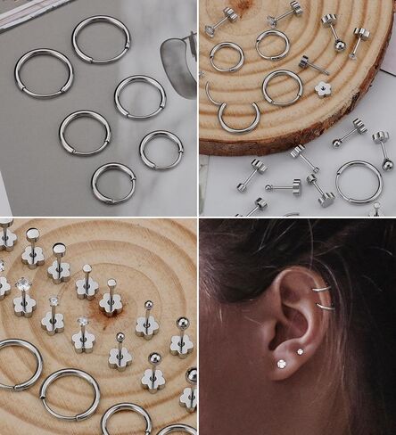 MJust Hypoallergenic Surgical Steel Earrings for Women Men Small Flat Back Earrings CZ Dot Ball 20G Simple Stud Hoop Earrings Stainless Steel Cartilage Earring Set in Saudi Arabia