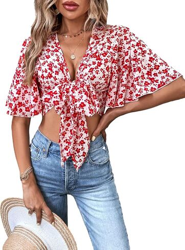 COZYEASE Women's All Over Floral Print Crop Top Deep V Neck Flutter Sleeve Tie Front Boho Summer Blouse Top in Saudi Arabia