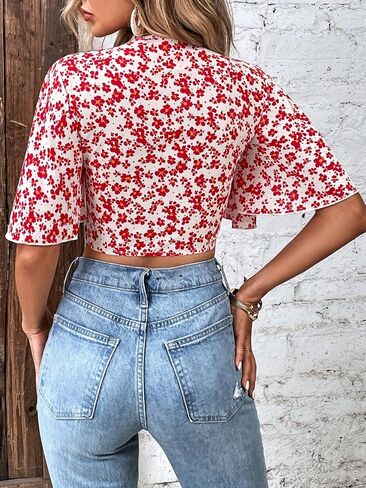 COZYEASE Women's All Over Floral Print Crop Top Deep V Neck Flutter Sleeve Tie Front Boho Summer Blouse Top in Saudi Arabia
