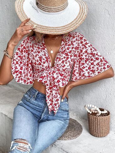 COZYEASE Women's All Over Floral Print Crop Top Deep V Neck Flutter Sleeve Tie Front Boho Summer Blouse Top in Saudi Arabia