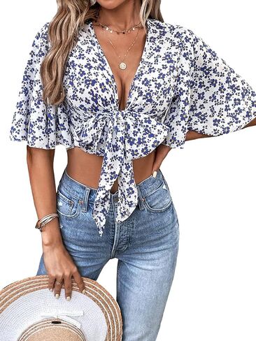 COZYEASE Women's All Over Floral Print Crop Top Deep V Neck Flutter Sleeve Tie Front Boho Summer Blouse Top in Saudi Arabia