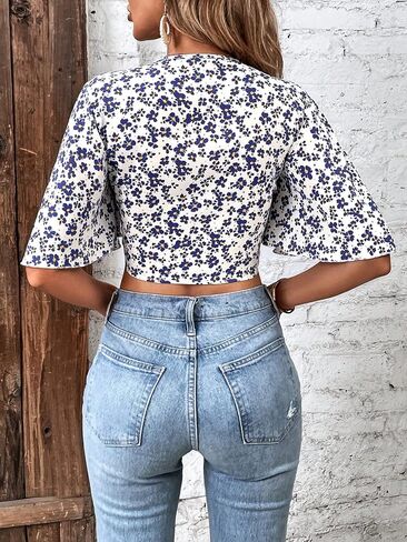 COZYEASE Women's All Over Floral Print Crop Top Deep V Neck Flutter Sleeve Tie Front Boho Summer Blouse Top in Saudi Arabia