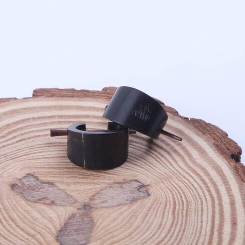 Unisex Black Natural Horn Tribal Hoop Earrings with Stick Posts, Handmade Carved Round Huggie Earrings Jewelry 16-17mm in Saudi Arabia