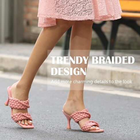 WSKEISP Women's Braided Heels Sandals Square Stiletto Mules Slip On Open Toe Backless Heeled Slippers Fashion Sexy Dress Wedding High Heel Slides in Saudi Arabia
