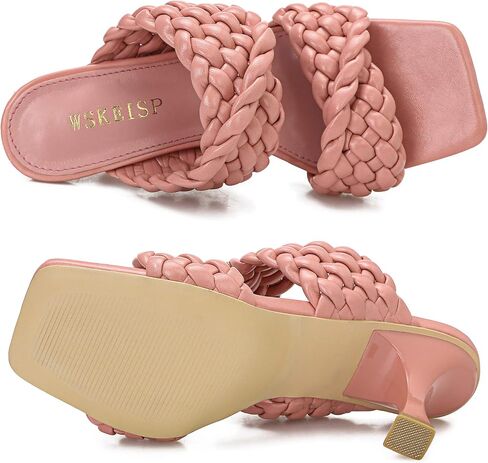 WSKEISP Women's Braided Heels Sandals Square Stiletto Mules Slip On Open Toe Backless Heeled Slippers Fashion Sexy Dress Wedding High Heel Slides in Saudi Arabia