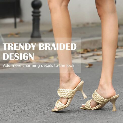 WSKEISP Women's Braided Heels Sandals Square Stiletto Mules Slip On Open Toe Backless Heeled Slippers Fashion Sexy Dress Wedding High Heel Slides in Saudi Arabia