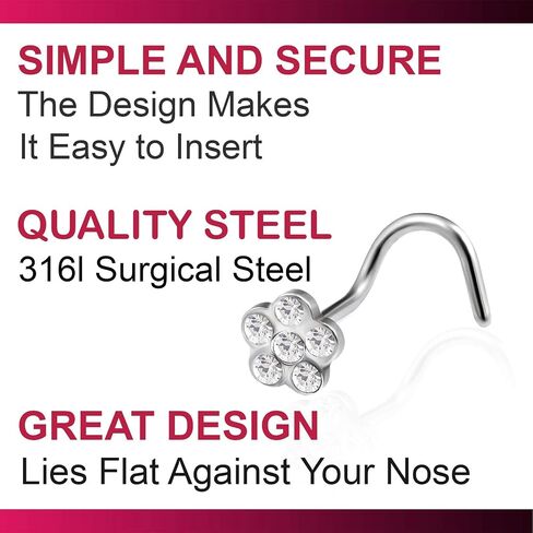 2pcs 20g 0.8mm Nose Screw Rings Flower Nostril Stud Surgical Stainless Steel Crystals Pick Color in Kuwait