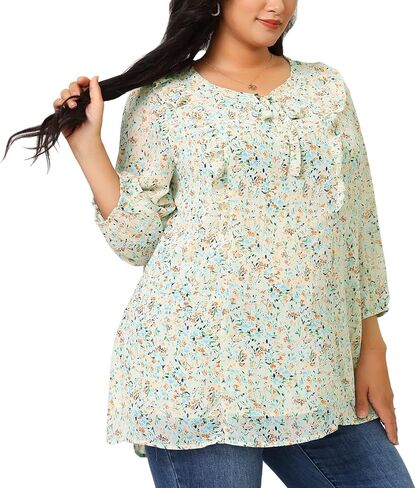 Agnes Orinda Plus Size Top for Women Chiffon Puff Sleeves Ruffle Tie Neck Floral Tops 2023 in Saudi Arabia