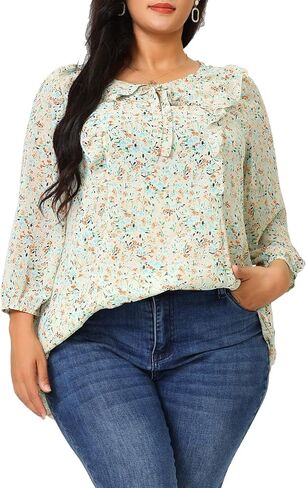 Agnes Orinda Plus Size Top for Women Chiffon Puff Sleeves Ruffle Tie Neck Floral Tops 2023 in Saudi Arabia