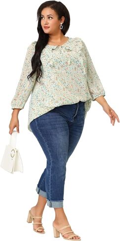 Agnes Orinda Plus Size Top for Women Chiffon Puff Sleeves Ruffle Tie Neck Floral Tops 2023 in Saudi Arabia