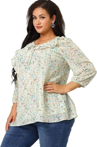 Agnes Orinda Plus Size Top for Women Chiffon Puff Sleeves Ruffle Tie Neck Floral Tops 2023 in Saudi Arabia