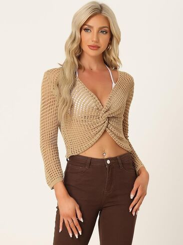 Allegra K Women's Hollow Out V Neck 3/4 Sleeve Twist Front Crochet Crop Top in Saudi Arabia
