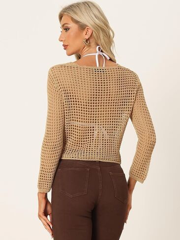 Allegra K Women's Hollow Out V Neck 3/4 Sleeve Twist Front Crochet Crop Top in Saudi Arabia