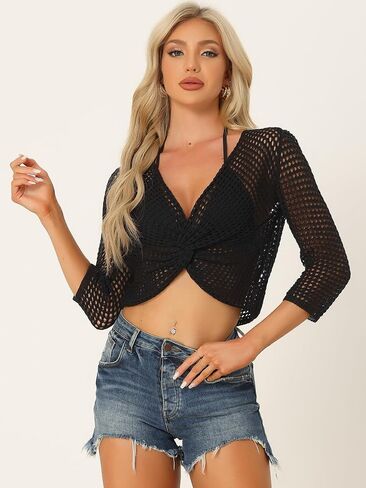 Allegra K Women's Hollow Out V Neck 3/4 Sleeve Twist Front Crochet Crop Top in Saudi Arabia