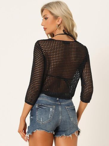 Allegra K Women's Hollow Out V Neck 3/4 Sleeve Twist Front Crochet Crop Top in Saudi Arabia