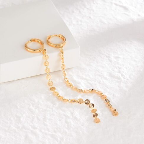 Mevecco Dainty Huggie Hoop Earrings With Disc Long Herringbone Charm Star CZ Dangle Earrings 18K Gold Plated Coin Bead Disk Link Chain Hoop Ears Drap Personalized Snake Huggies Earrings for Women in Saudi Arabia