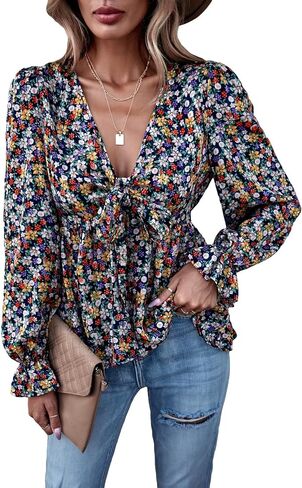 Verdusa Women's Floral Print Long Sleeve Knot Front Deep V Neck Peplum Blouse Top in Saudi Arabia