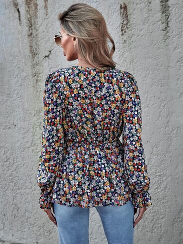Verdusa Women's Floral Print Long Sleeve Knot Front Deep V Neck Peplum Blouse Top in Saudi Arabia