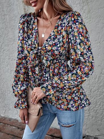 Verdusa Women's Floral Print Long Sleeve Knot Front Deep V Neck Peplum Blouse Top in Saudi Arabia
