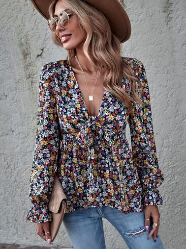 Verdusa Women's Floral Print Long Sleeve Knot Front Deep V Neck Peplum Blouse Top in Saudi Arabia