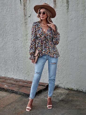 Verdusa Women's Floral Print Long Sleeve Knot Front Deep V Neck Peplum Blouse Top in Saudi Arabia