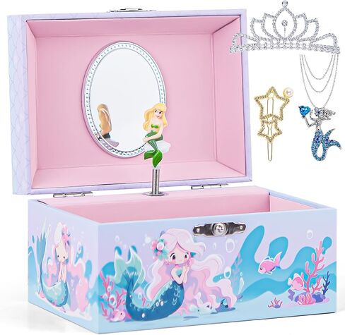Mermaid Musical Jewelry Storage Box with Spinning Mermaid Theme, Girls Jewelry Box with Jewelry Set, Large Music Box for Little Girls Daughter Granddaughter, Over The Waves Tune in Kuwait