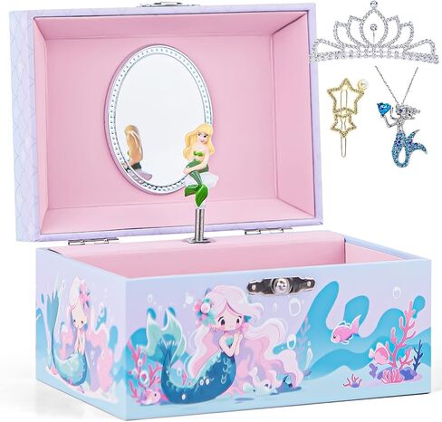 Mermaid Musical Jewelry Storage Box with Spinning Mermaid Theme, Girls Jewelry Box with Jewelry Set, Large Music Box for Little Girls Daughter Granddaughter, Over The Waves Tune in Kuwait