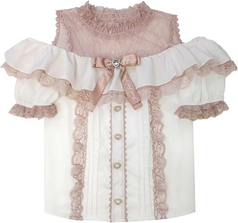 Sweet Cold Shoulder Shirt Women Lolita Lace Mesh Sheer Short Sleeve Blouse Vintage Ruffle Button Cute Tops in Saudi Arabia