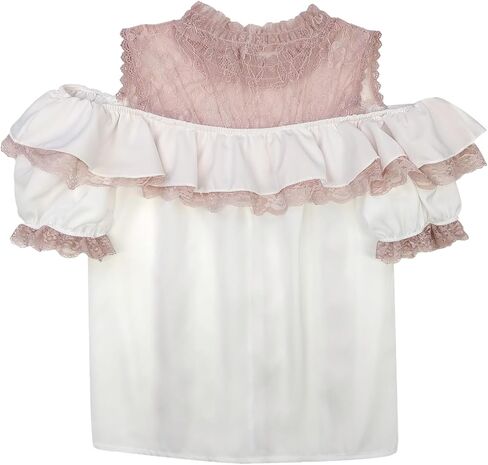 Sweet Cold Shoulder Shirt Women Lolita Lace Mesh Sheer Short Sleeve Blouse Vintage Ruffle Button Cute Tops in Saudi Arabia