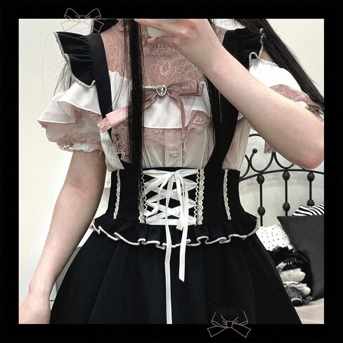 Sweet Cold Shoulder Shirt Women Lolita Lace Mesh Sheer Short Sleeve Blouse Vintage Ruffle Button Cute Tops in Saudi Arabia