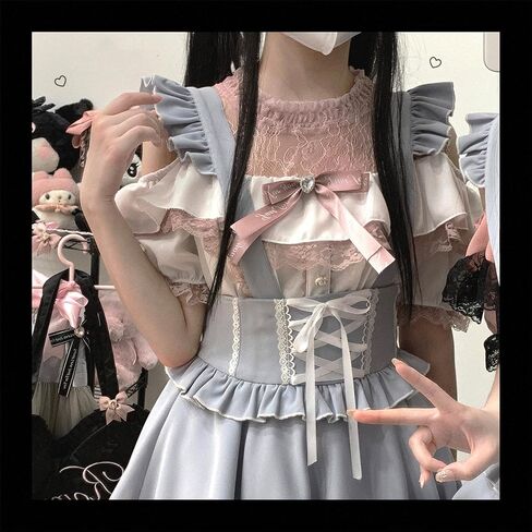 Sweet Cold Shoulder Shirt Women Lolita Lace Mesh Sheer Short Sleeve Blouse Vintage Ruffle Button Cute Tops in Saudi Arabia