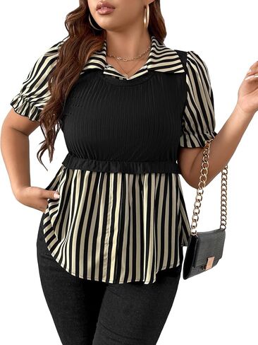 Floerns Women's Plus Size Colorblock Striped Print Puff Short Sleeve Peplum Blouse Top in Saudi Arabia