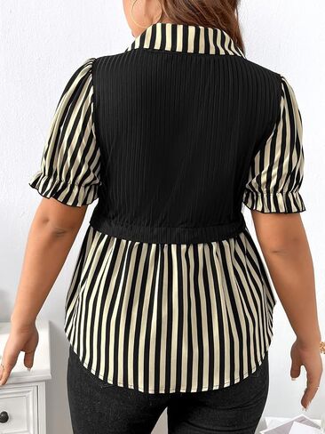 Floerns Women's Plus Size Colorblock Striped Print Puff Short Sleeve Peplum Blouse Top in Saudi Arabia