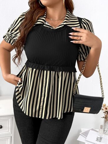 Floerns Women's Plus Size Colorblock Striped Print Puff Short Sleeve Peplum Blouse Top in Saudi Arabia