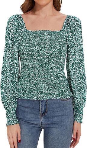 Holipick Women's Smocked Tops Summer Spring Peasant Shirt Long Puff Sleeve Casual Blouse Tunics in Saudi Arabia