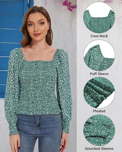 Holipick Women's Smocked Tops Summer Spring Peasant Shirt Long Puff Sleeve Casual Blouse Tunics in Saudi Arabia
