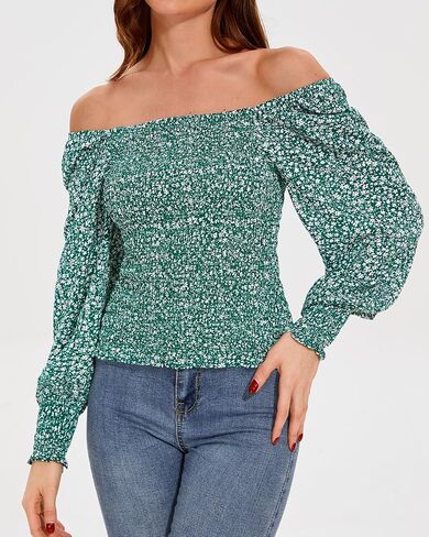 Holipick Women's Smocked Tops Summer Spring Peasant Shirt Long Puff Sleeve Casual Blouse Tunics in Saudi Arabia