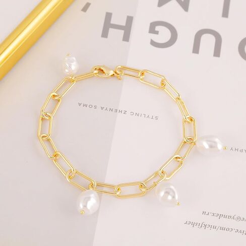 Gold Pearl Bracelet for Women Dainty Paperclip Chain Pearl Bracelet for Women Girls Pearl Bracelet Jewelry Gifts in Saudi Arabia