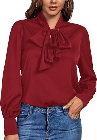 OPOIPIN Women's Causal Bow Tie Neck Button Cuff Long Sleeve Work Blouse Shirt Top in Kuwait