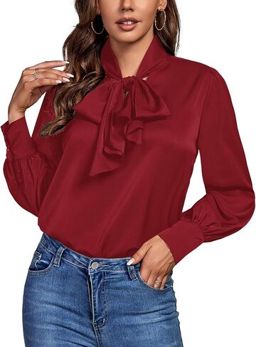 OPOIPIN Women's Causal Bow Tie Neck Button Cuff Long Sleeve Work Blouse Shirt Top in Kuwait