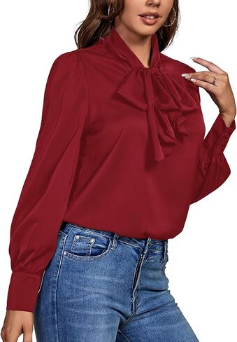 OPOIPIN Women's Causal Bow Tie Neck Button Cuff Long Sleeve Work Blouse Shirt Top in Kuwait