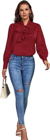 OPOIPIN Women's Causal Bow Tie Neck Button Cuff Long Sleeve Work Blouse Shirt Top in Kuwait